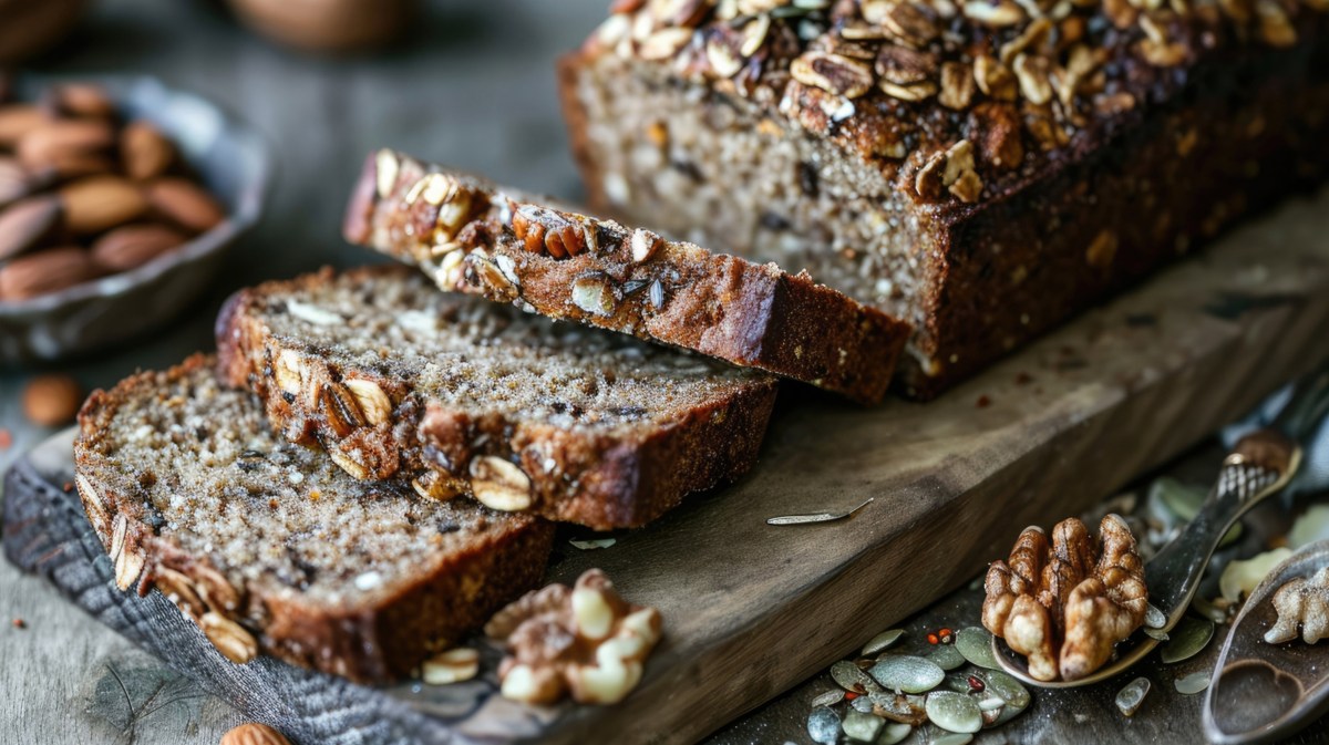 Angeschnittenes Körnerbrot auf einem Holzbrett.