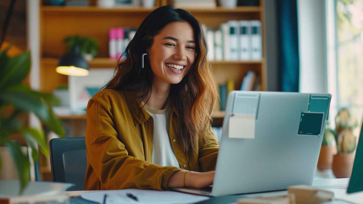 Frau mit braunen Haaren sitzt am Schreibtisch und vor ihrem Laptop.