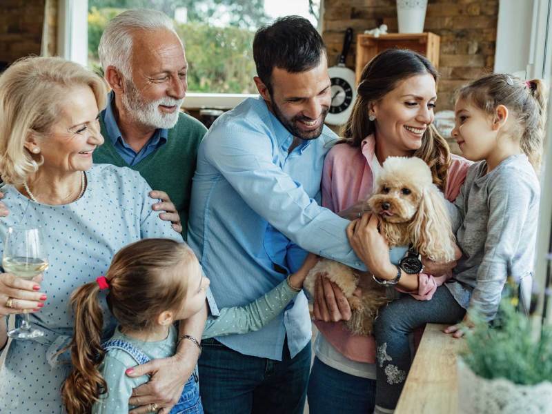 Zwei Enkel, Eltern, Großeltern und der Familienhund sind in der Küche und stoßen gemeinsam an.