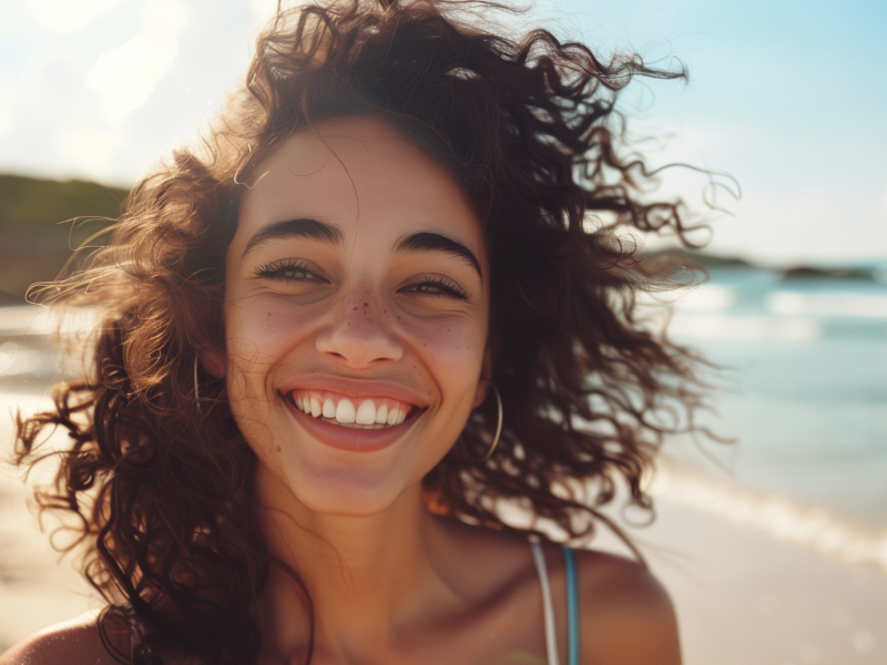 Frau am Strand, die ein Selfie macht und lächelnd in die Kamera schaut.