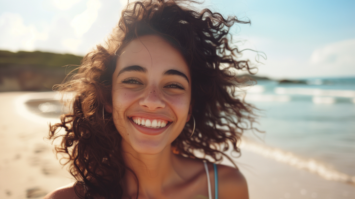 Frau am Strand, die ein Selfie macht und lächelnd in die Kamera schaut.