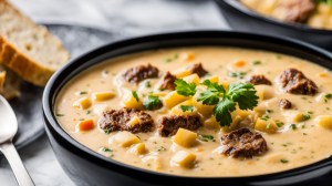 Cremige Cheeseburger Suppe mit Käse und Hackfleisch in schwarzer Schüssel.