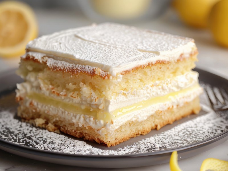 Kuchen mit Sahne in der Mitte und einer Zitronencreme, mit Puderzucker bestäubt auf einem dunklen Teller.