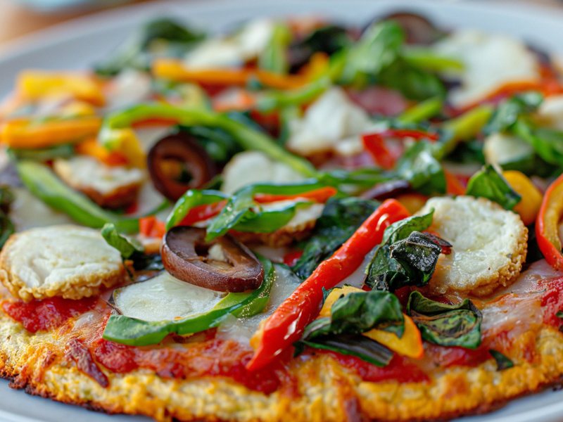 Low Carb Pizza mit viel Gemüse belegt.