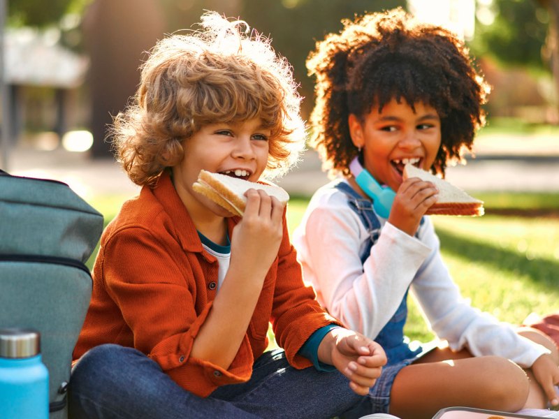 Zwei Schulkinder sitzen an einem sonnigen Tag auf der Wiese und essen ihre Schulbrote.