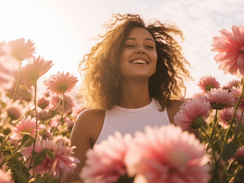 Frau im Blumenfeld, die lacht und von der Sonne angestrahlt wird.