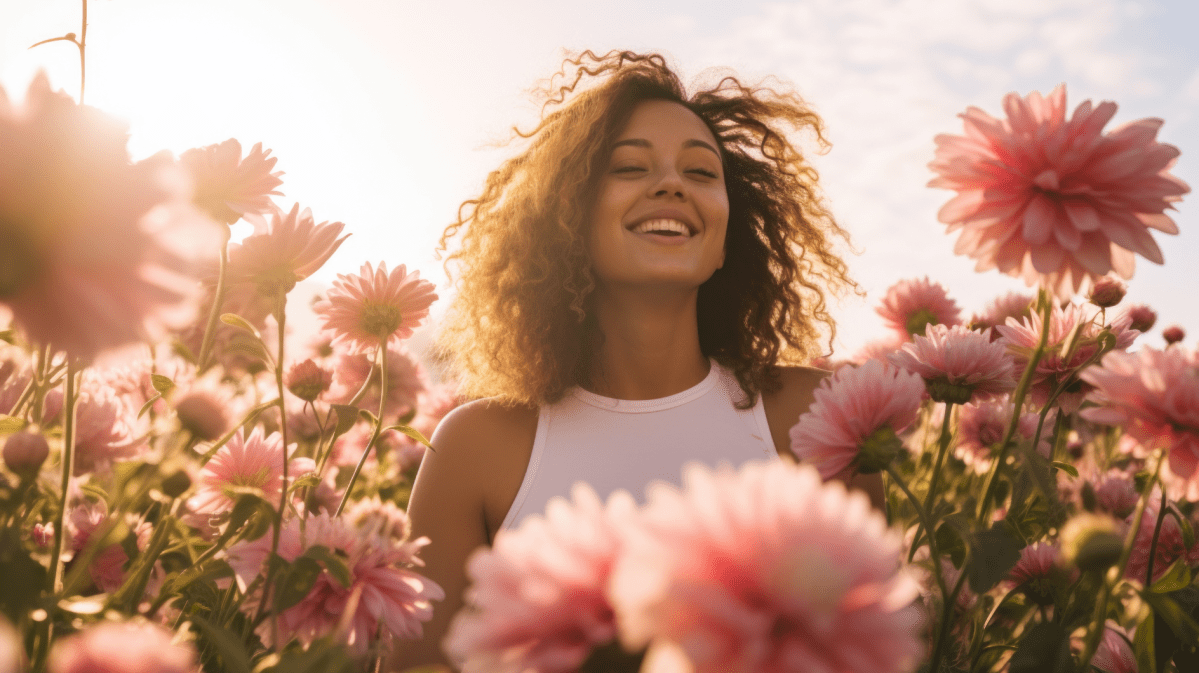 Frau im Blumenfeld, die lacht und von der Sonne angestrahlt wird.