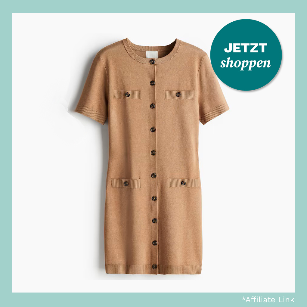 H&M Strickkleid in Beige mit Knopfleiste