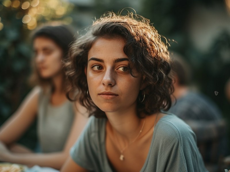 Frau mit kurzen braunen Haaren, die mit ernstem Blick zur Seite schaut.