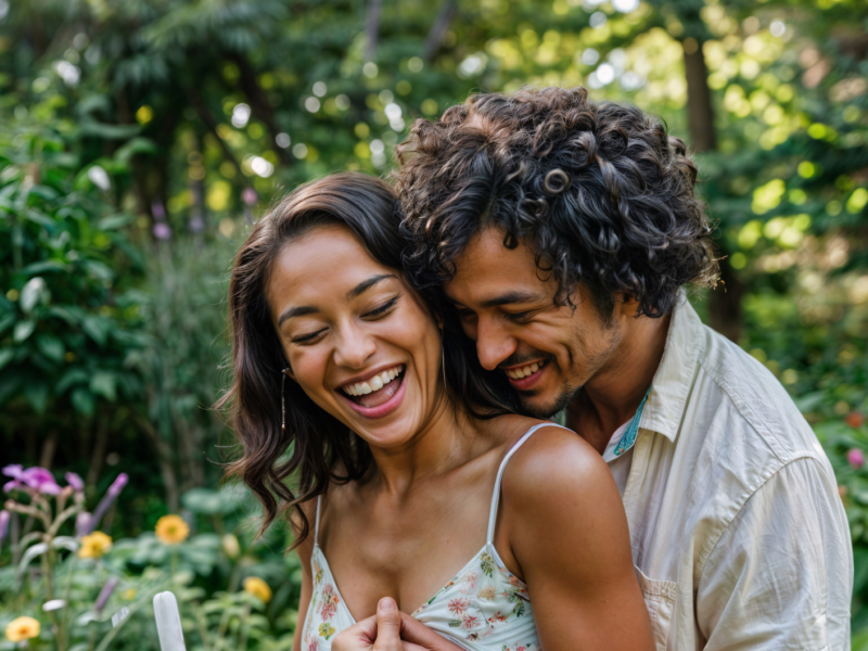 Frau und Mann vor Garten, die sich umarmen und lachen.