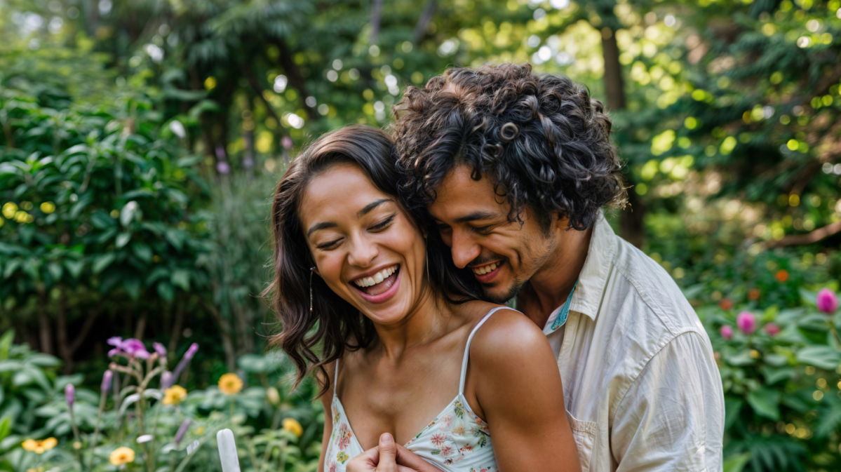 Frau und Mann vor Garten, die sich umarmen und lachen.