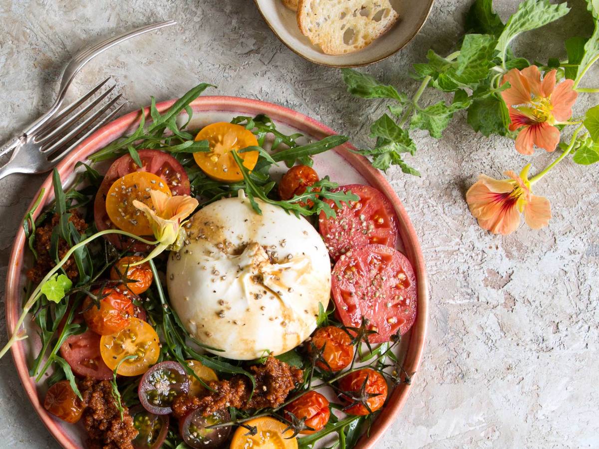 Teller mit italienischem Käse Burrata mit Tomaten und Tomatenpesto auf dem Leuchttisch