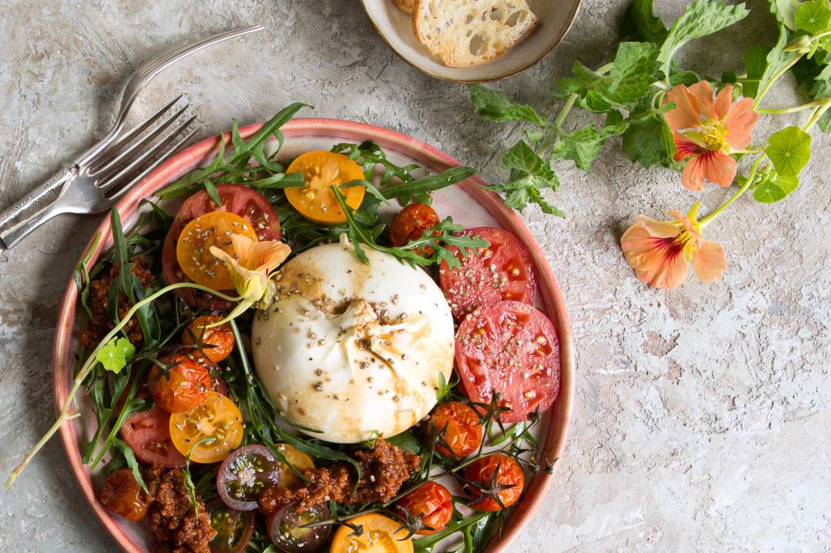 Teller mit italienischem Käse Burrata mit Tomaten und Tomatenpesto auf dem Leuchttisch