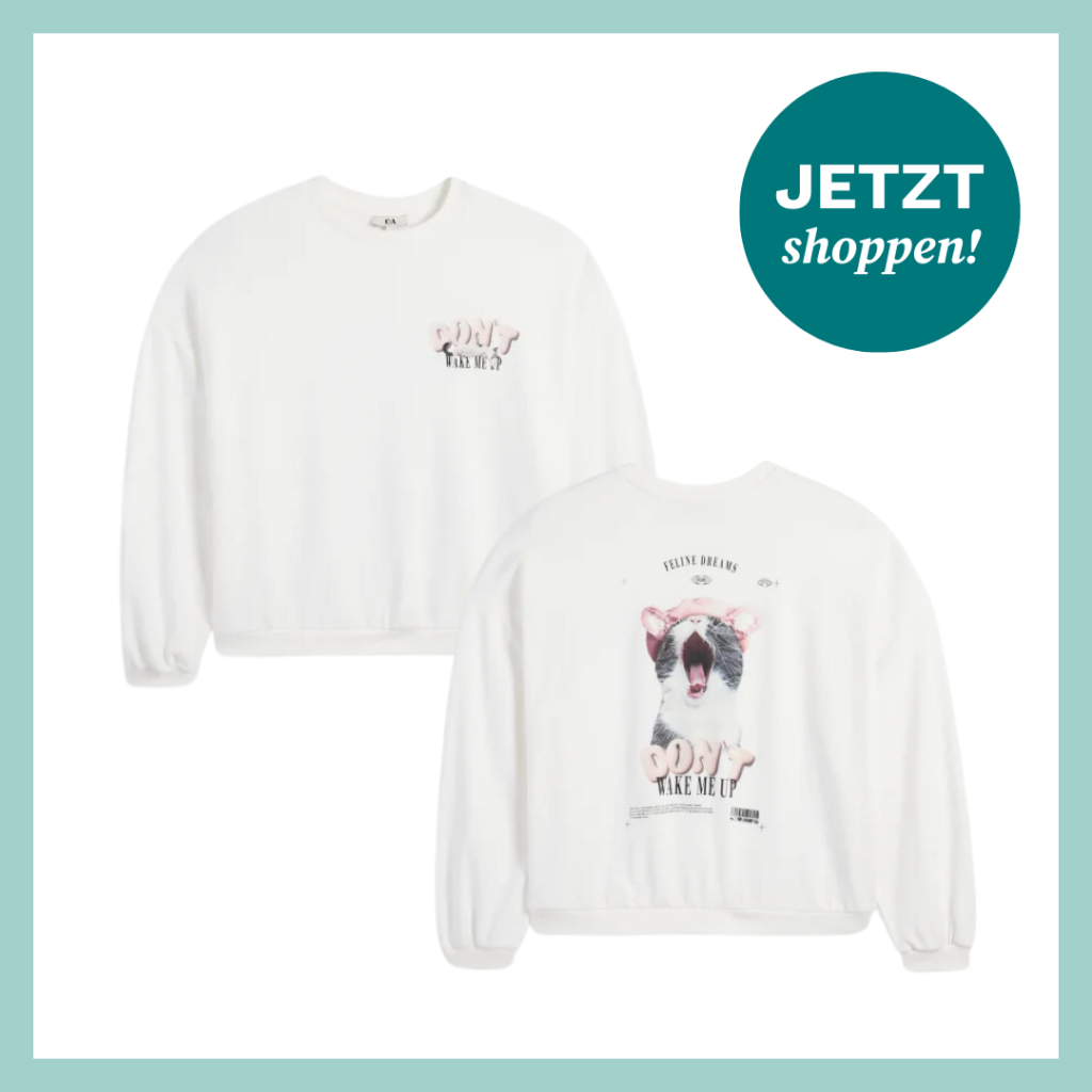 Weißes Sweatshirt mit Katzen-Motiv