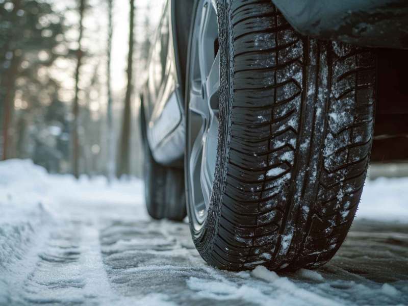 Nahaufnahme von Reifen eines Autos, das durch den Schnee fährt.