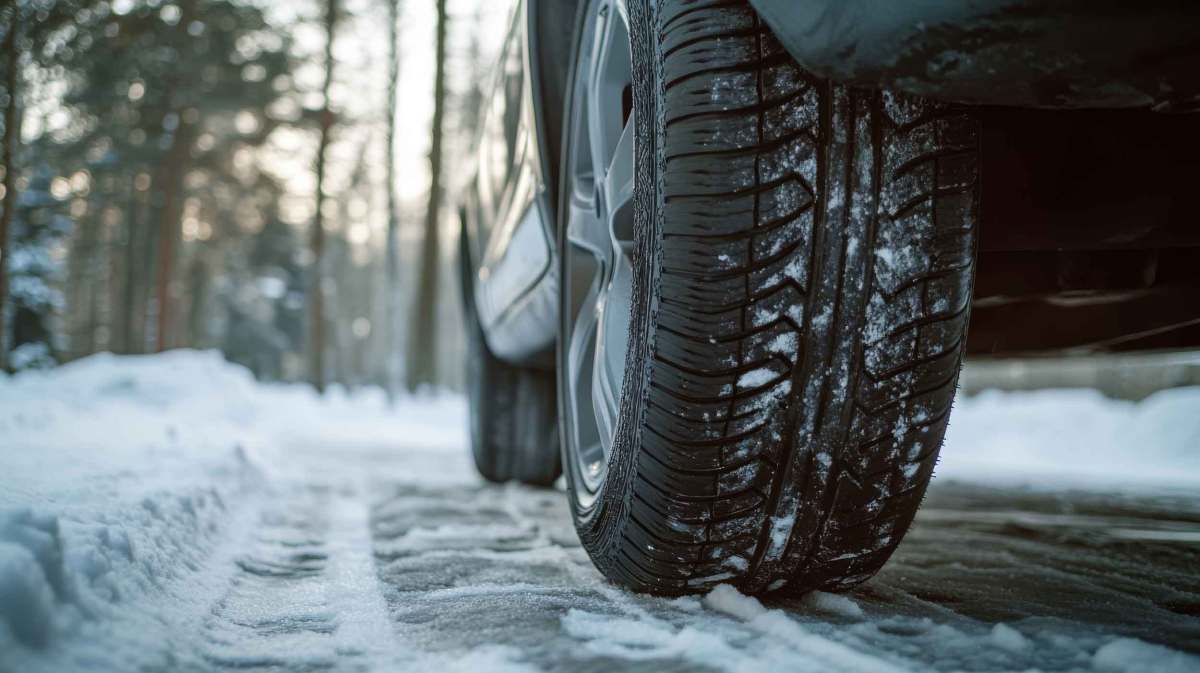 Nahaufnahme von Reifen eines Autos, das durch den Schnee fährt.