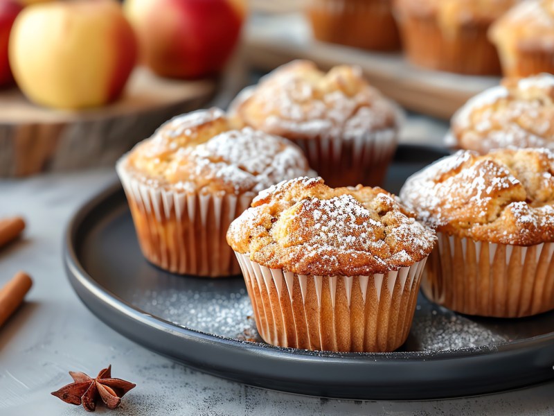 Apfelmuffins auf einem grauen Teller, mit Puderzucker bestäubt.