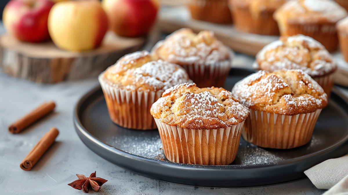 Apfelmuffins auf einem grauen Teller, mit Puderzucker bestäubt.