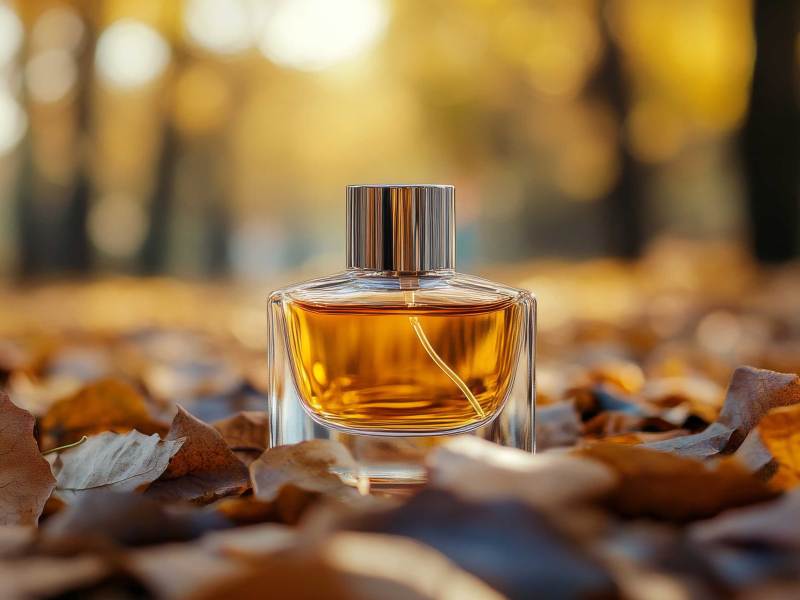 Parfumflasche in herbstlicher Szene. KI-generiert