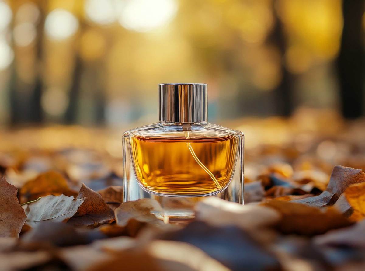 Parfumflasche in herbstlicher Szene. KI-generiert