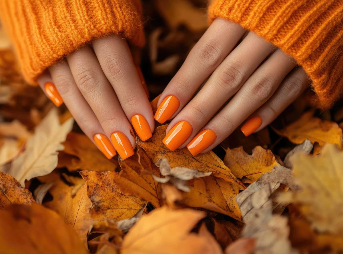 Weibliche Hände mit kräftiger orangefarbener Maniküre, die einen Strauß gefallener Herbstblätter aufheben, wobei die leuchtende Nagelfarbe die warmen Farbtöne der Jahreszeit ergänzt Generiert mit AI