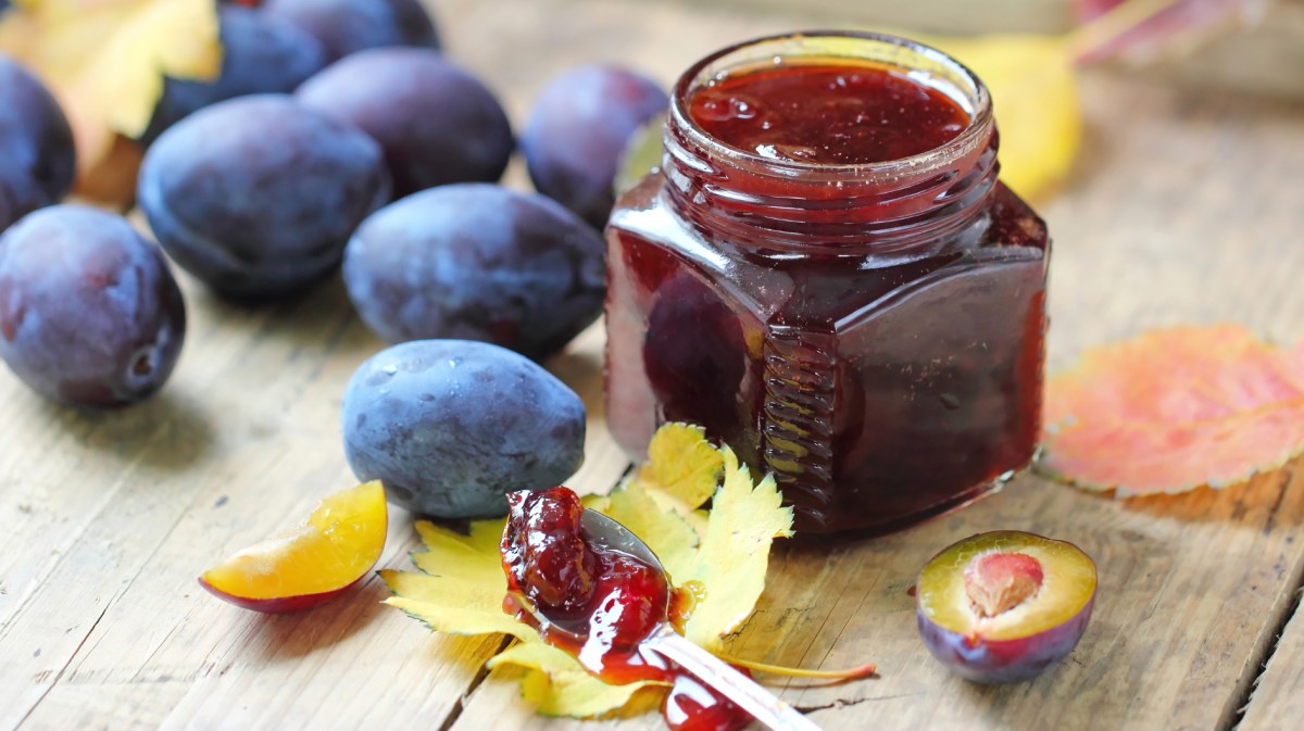 Pflaumenmarmelade in einem Weckglas, daneben liegen frische Pflaumen und Herbstblätter.