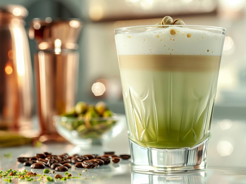 Pistazien Latte in einem hohen Glas, daneben liegen Kaffeebohnen und gehackte Pistazien.