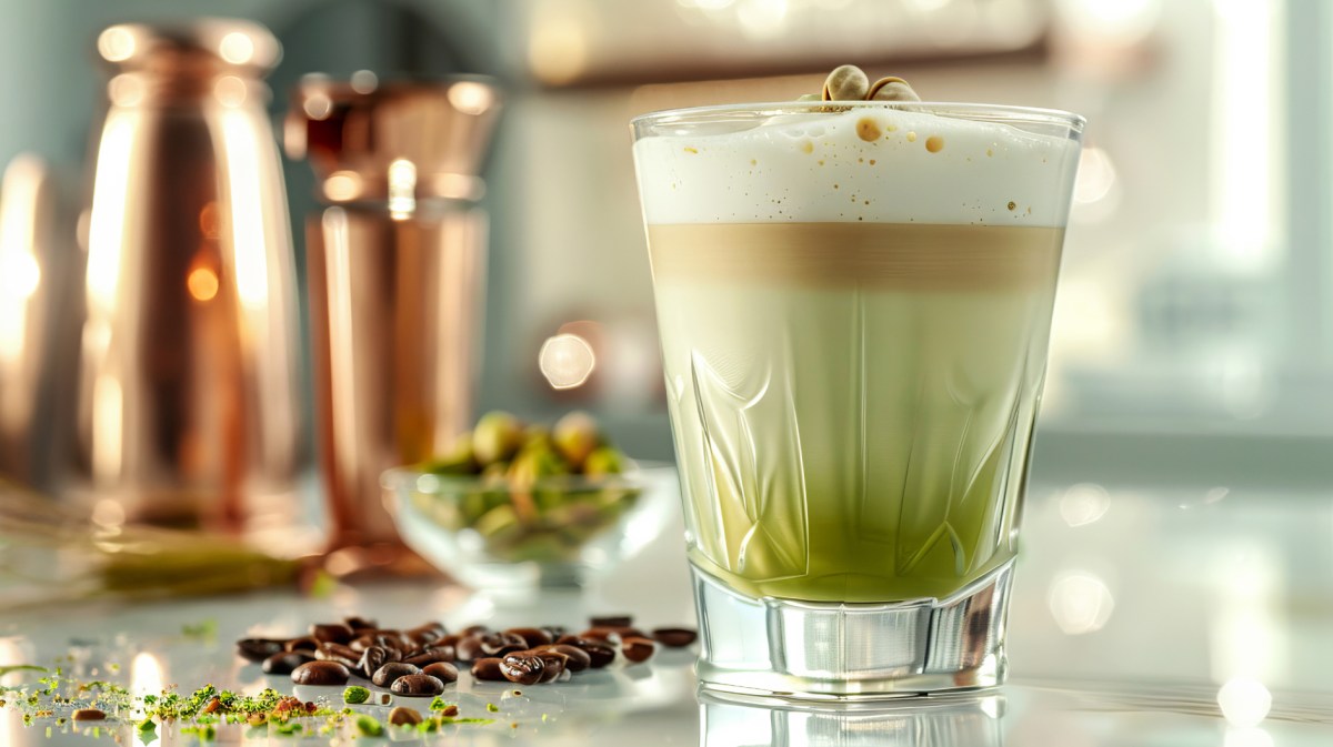 Pistazien Latte in einem hohen Glas, daneben liegen Kaffeebohnen und gehackte Pistazien.