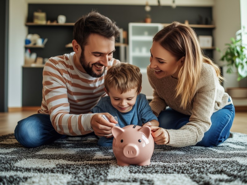 Vater, Mutter und Sohn sitzen auf einem Teppich und geben Geld in ein Sparschwein