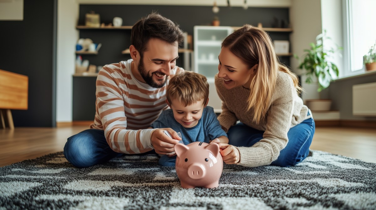 Vater, Mutter und Sohn sitzen auf einem Teppich und geben Geld in ein Sparschwein