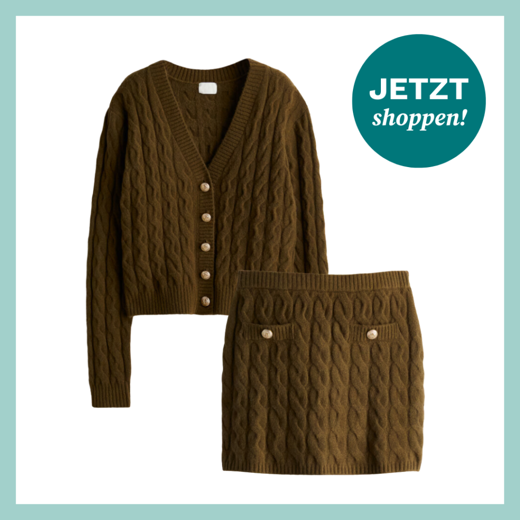 Strickjacke und farblich passender Rock aus Zopfstrick