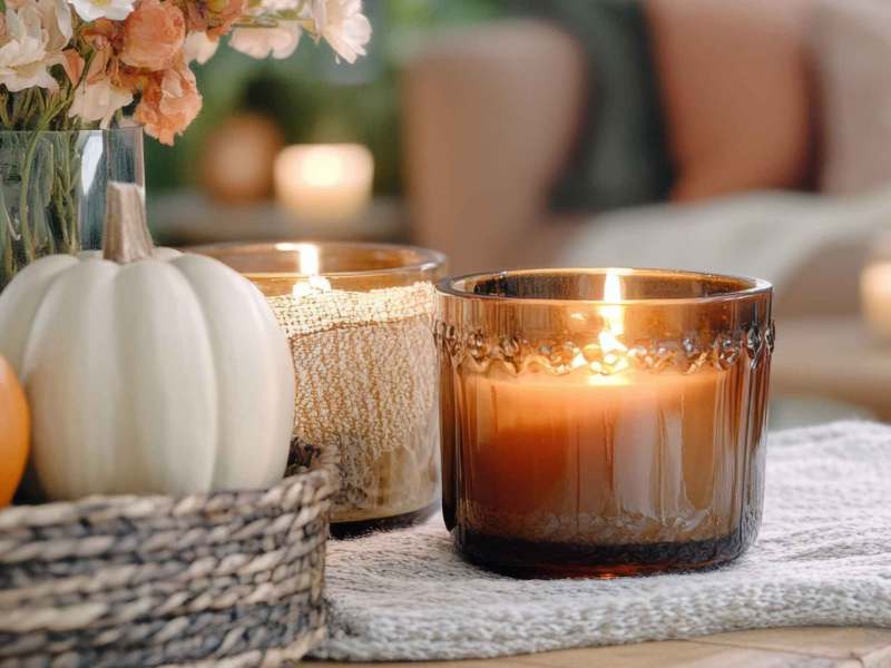 Herbstliche Kerzen und Deko auf einem Tisch im Wohnzimmer. Im Hintergrund sind Polstermöbel zu sehen.