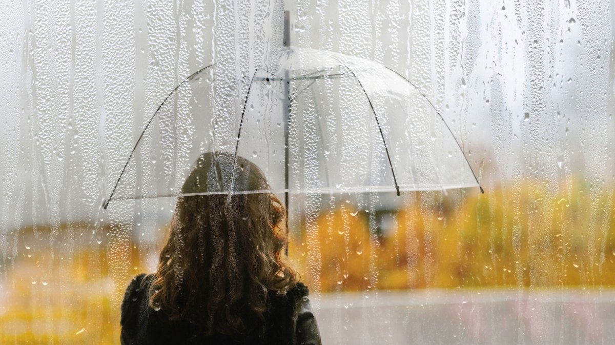 Frau mit transparentem Regenschirm in herbstlicher Natur bei Regen