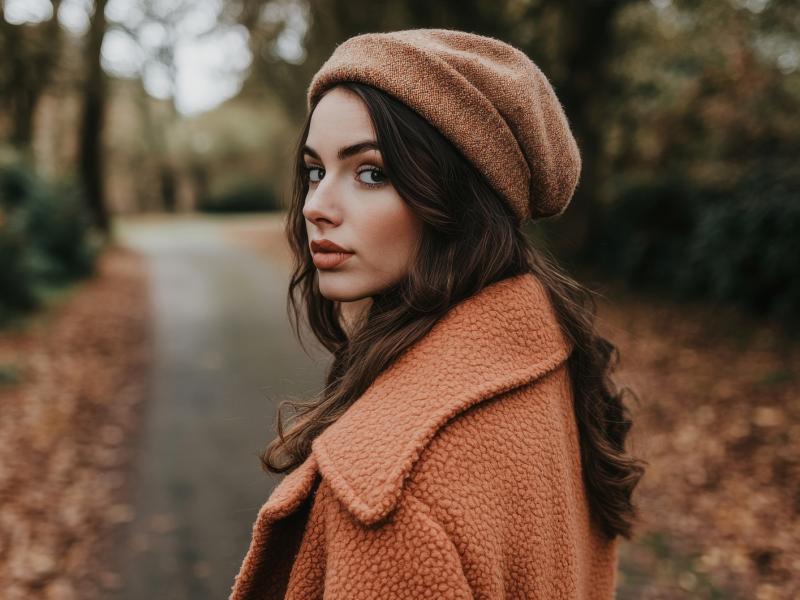 Frau auf einem herbstlichen SPaziergang, die ernst nach hinten schaut und von einer Blätterlandschaft umgeben ist.