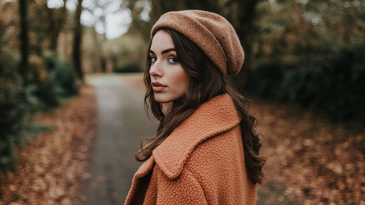 Frau auf einem herbstlichen SPaziergang, die ernst nach hinten schaut und von einer Blätterlandschaft umgeben ist.