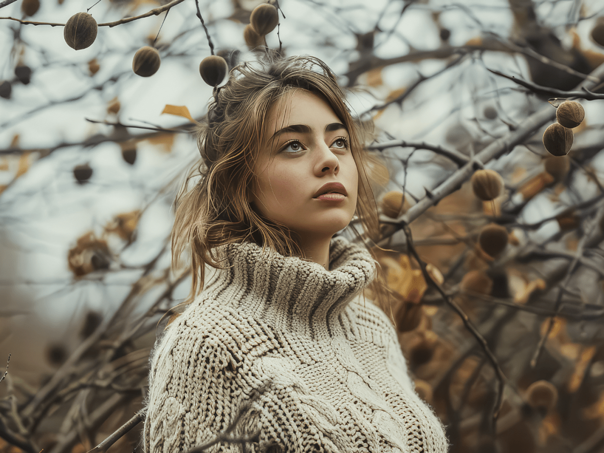 KI-generierte Frau vor einem Baum im Herbst, die ernst in die Kamera schaut.