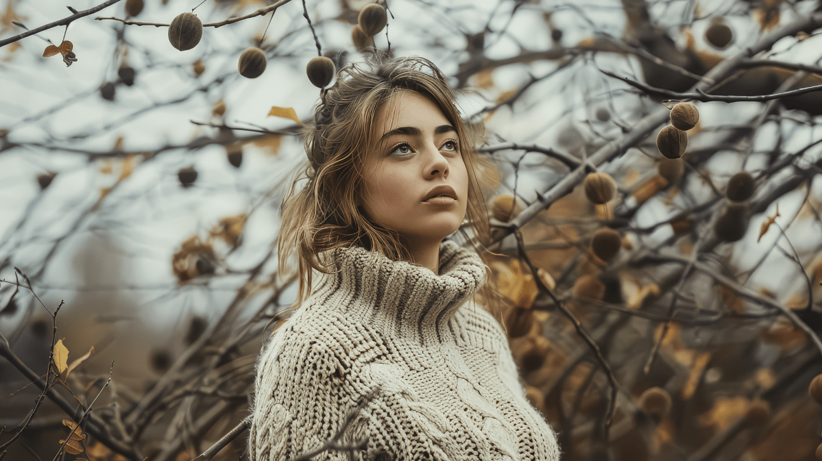 KI-generierte Frau vor einem Baum im Herbst, die ernst in die Kamera schaut.