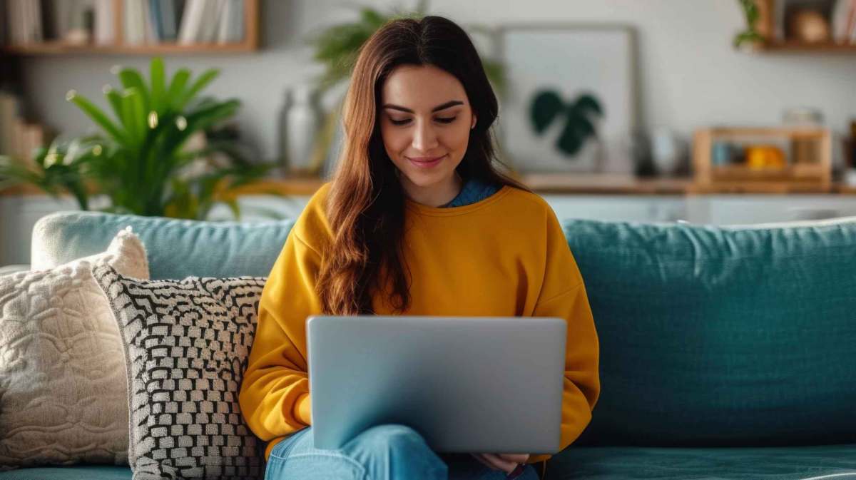 Junge Frau mit einem gelben Pullover sitzt mit einem Laptop auf der Couch.