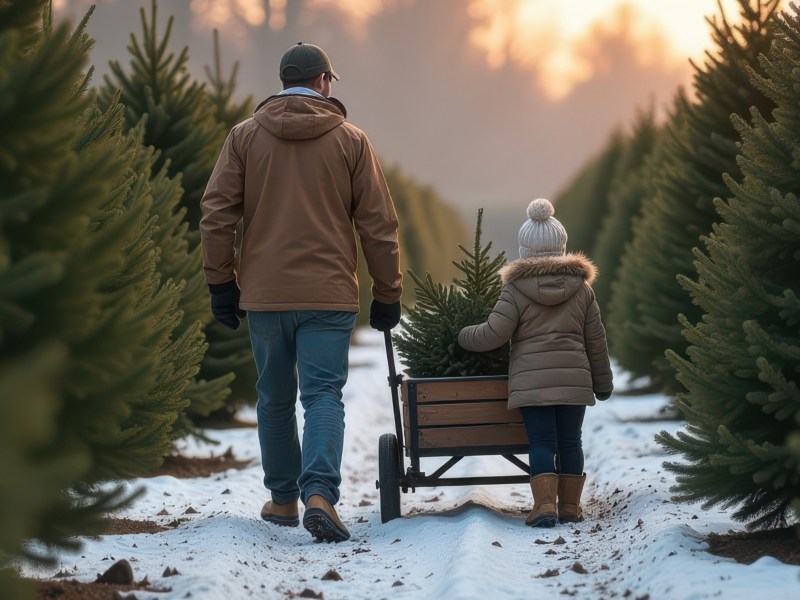 Ein Vater sucht mit seinem Kind einen Weihnachtsbaum aus