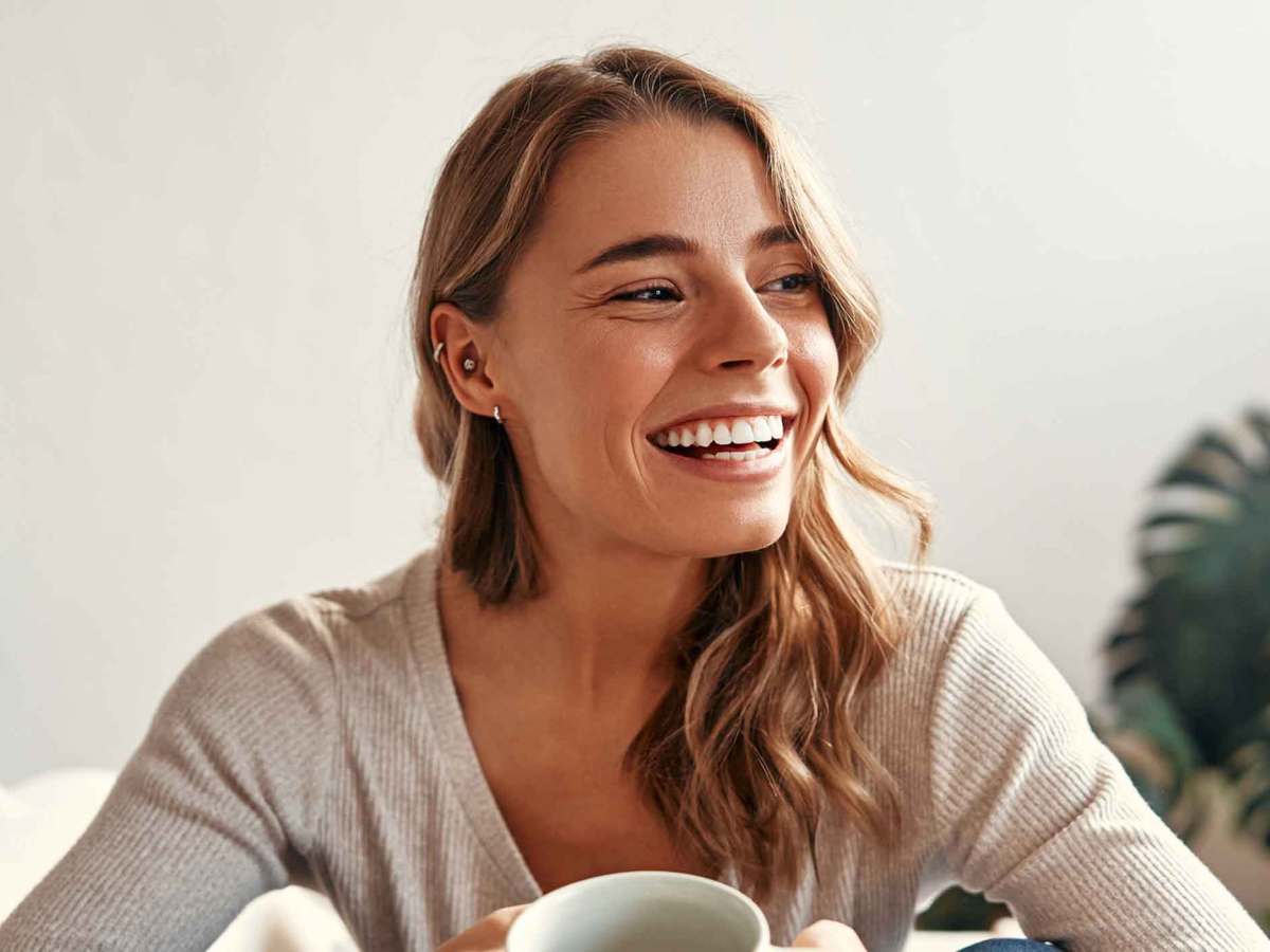 Frau mit blonden Haaren sitzt auf der Couch und hält eine Tasse in der Hand.