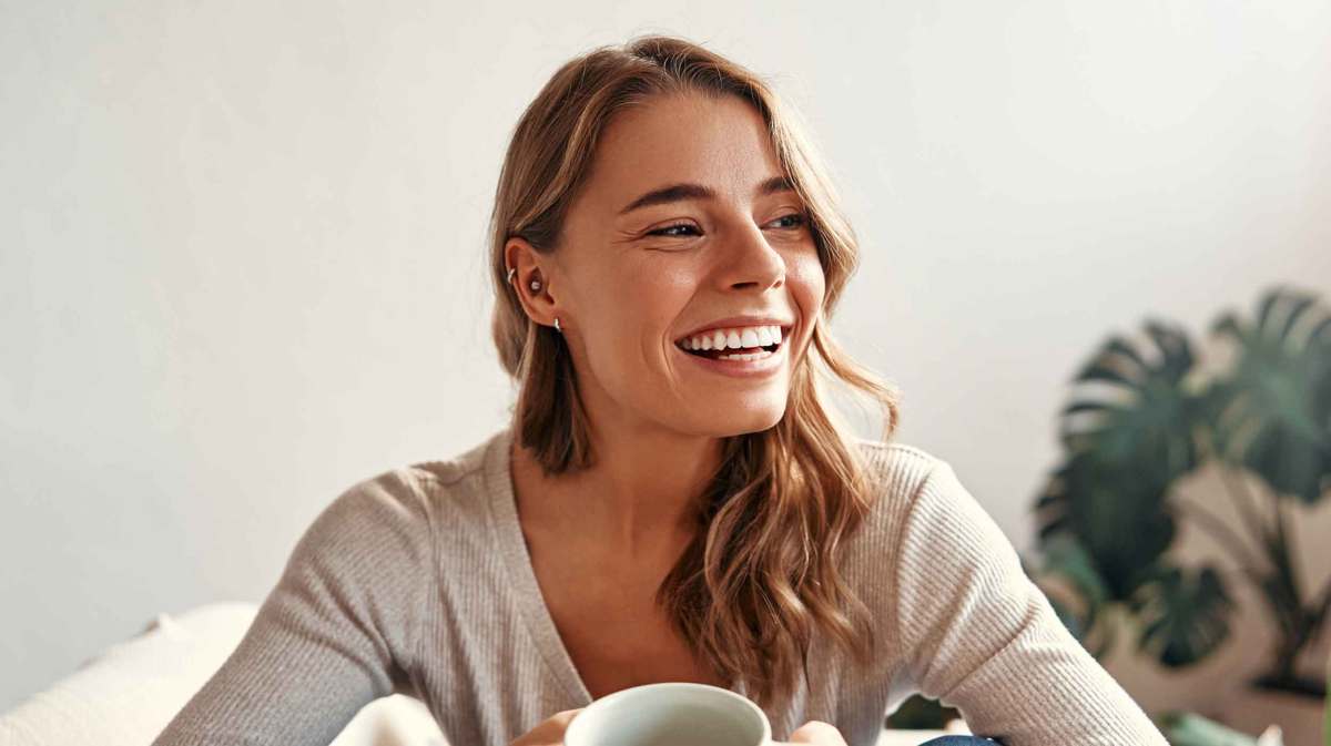 Frau mit blonden Haaren sitzt auf der Couch und hält eine Tasse in der Hand.