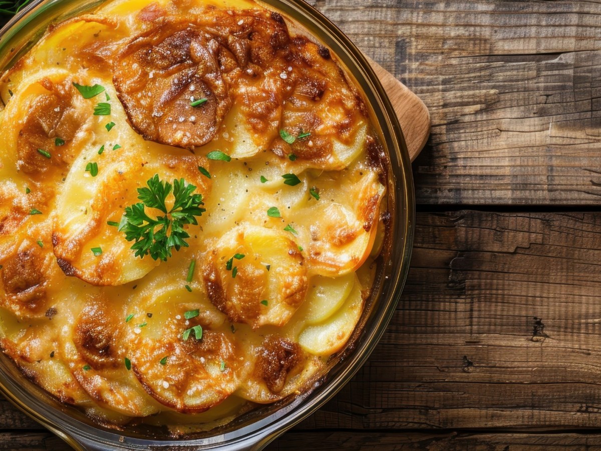 Kartoffelgratin mit Käse überbacken in Auflaufform auf Holztisch.