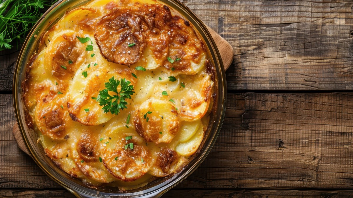 Kartoffelgratin mit Käse überbacken in Auflaufform auf Holztisch.