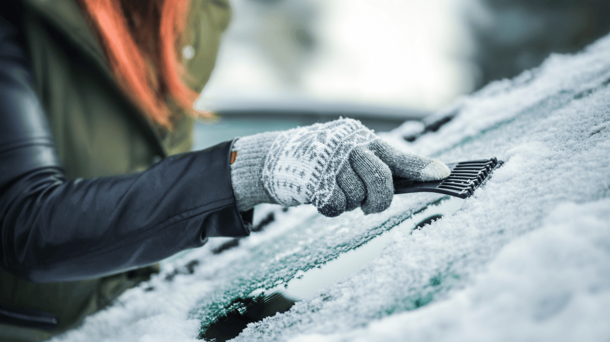 Frau in Winterbekleidung kratzt gefrorene Autoscheibe mit einem Eiskratzer frei