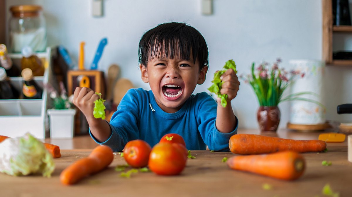 Junge, ca. 6 Jahre alt, steht in der Küche und schreit wütend in die Kamera, dabei zerdrückt er zwei Salatblätter. Vor ihm liegen Karotten und Tomaten.