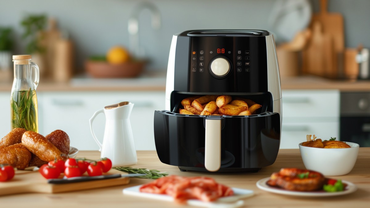 Airfryer steht auf Tisch, umgeben von verschiedenen Gerichten.