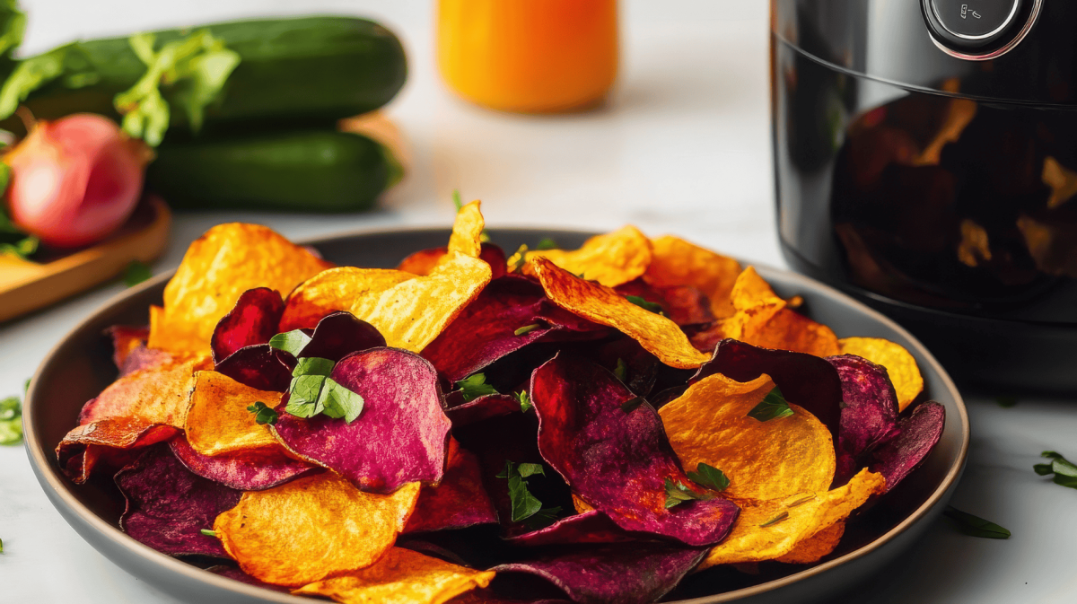 Verschiedene Gemüsechips vor einem Airfryer.