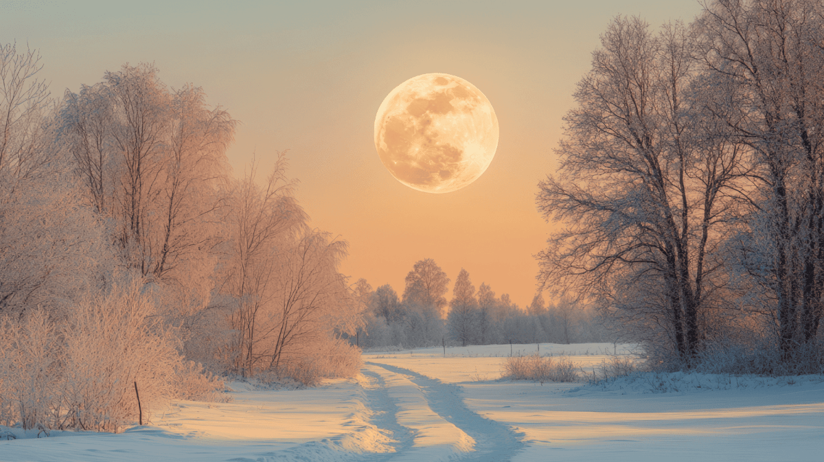 Vollmond über einer verschneiten Landschaft.