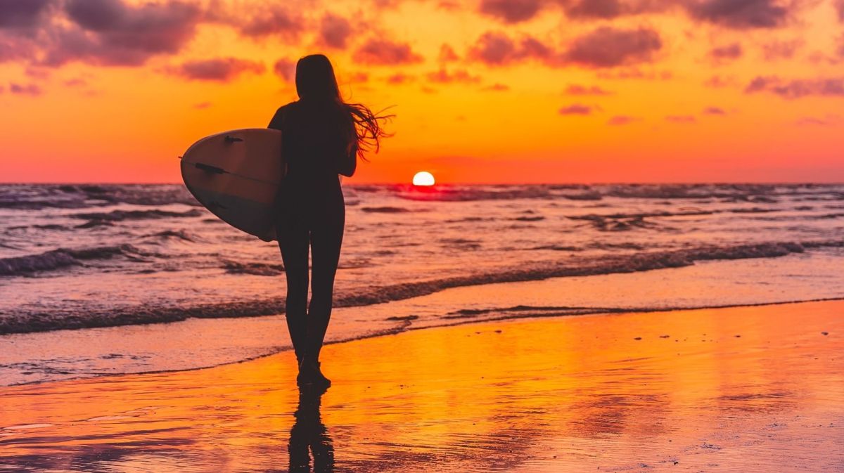 Silhouette der Surferin mit Surfbrett am Strand bei Sonnenuntergang. Surferin und Meer