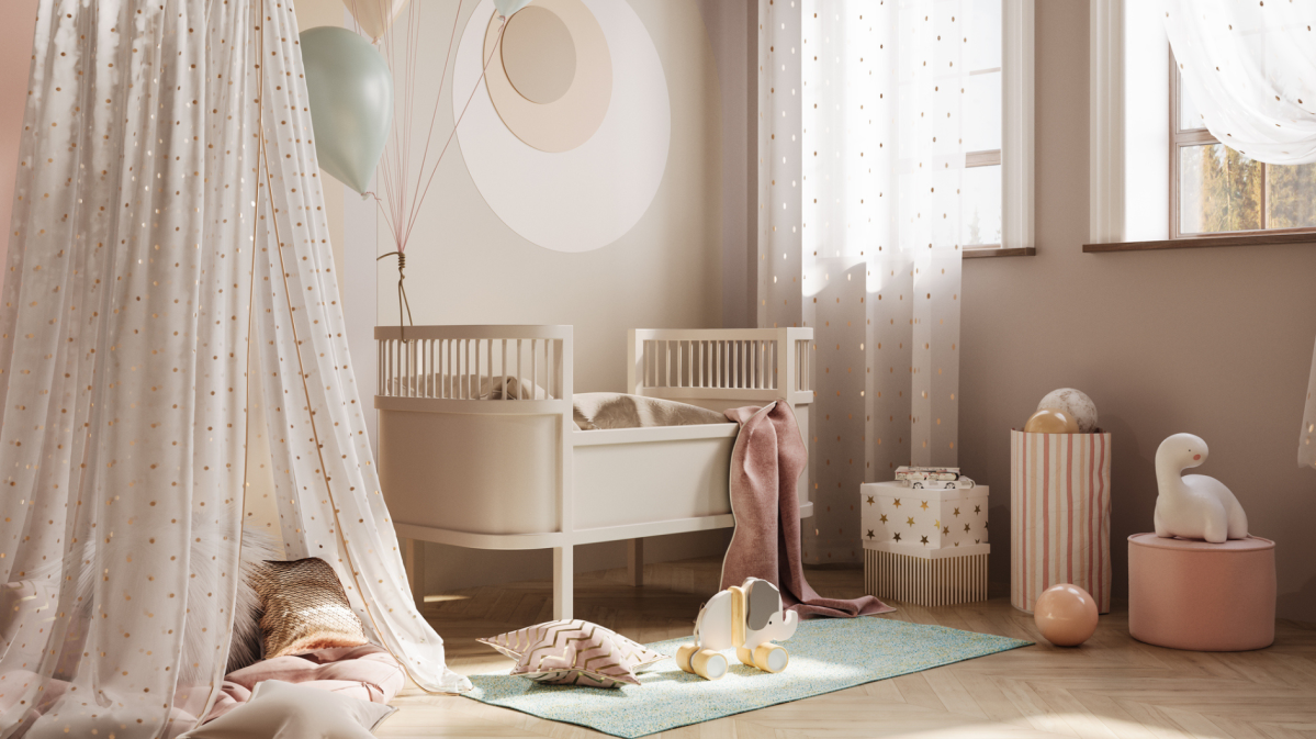 Modernes Kinderzimmer in Creme mit Kinderbett,Tipi, Luftballons und Kommode